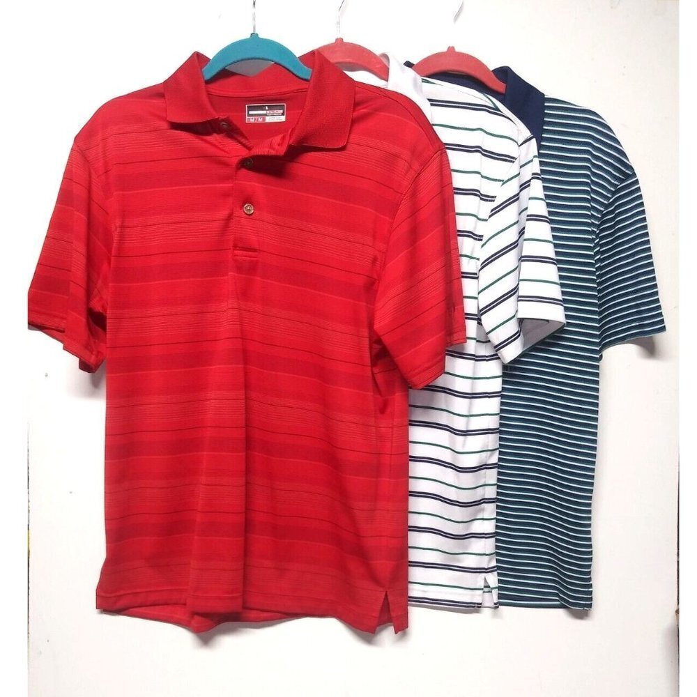 Lot of 3 Mens Polo Shirts Sz M Red white blue striped Grand Slam George short sl